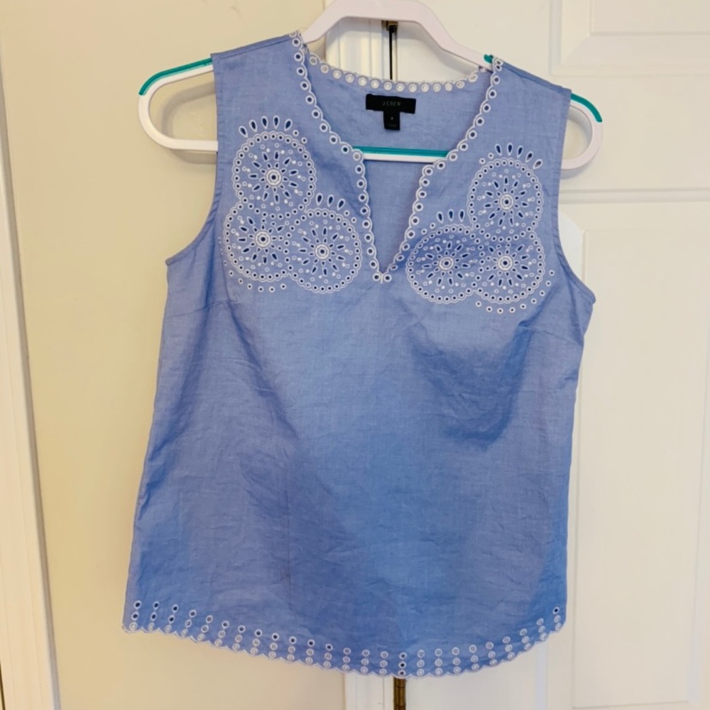 J Crew blue sleeveless top w/ embroidery - Picture 1 of 6